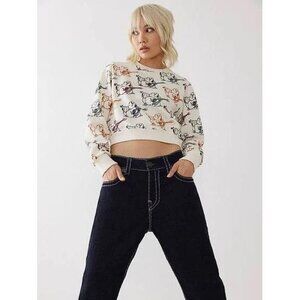 TRUE RELIGION Women's Allover Buddha Print Crop Sweatshirt Size M